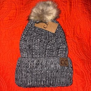 NWT C.C Charcoal Knit Beanie with Tan Faux Fur Pom